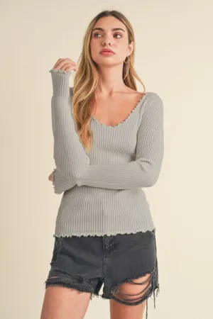 Aemi   Co Lettuce Hem Scoop Neck Long Sleeve Knit Top