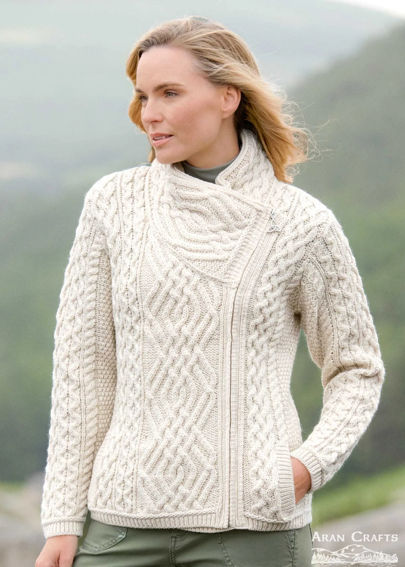Aran Irish Cable Knit Side Zip Jacket | Natural