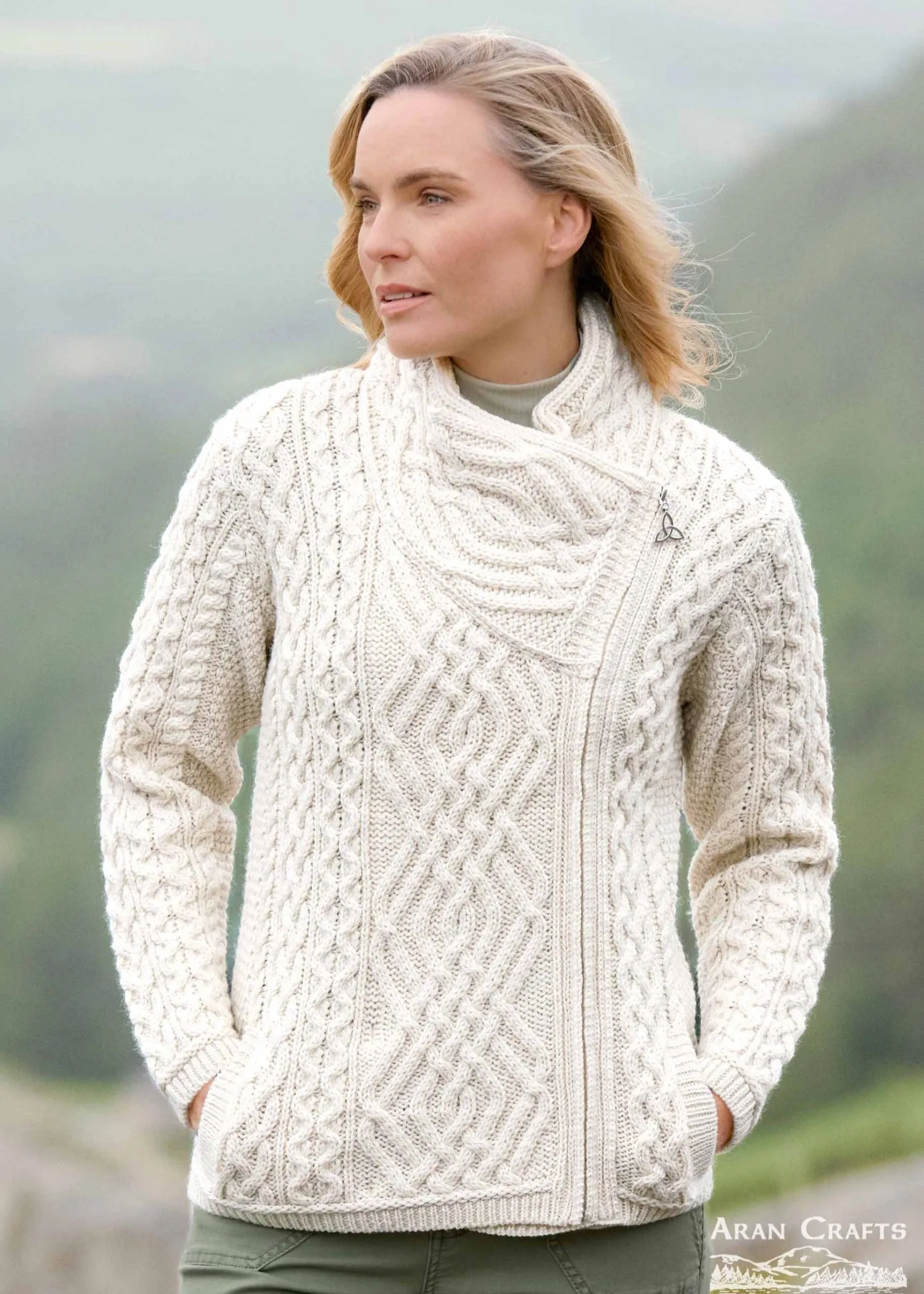 Aran Irish Cable Knit Side Zip Jacket | Natural