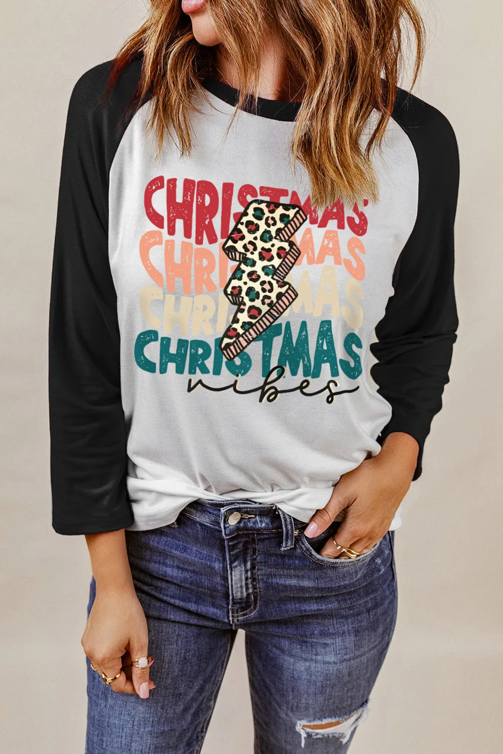 Black Christmas Raglan Sleeve Graphic Top