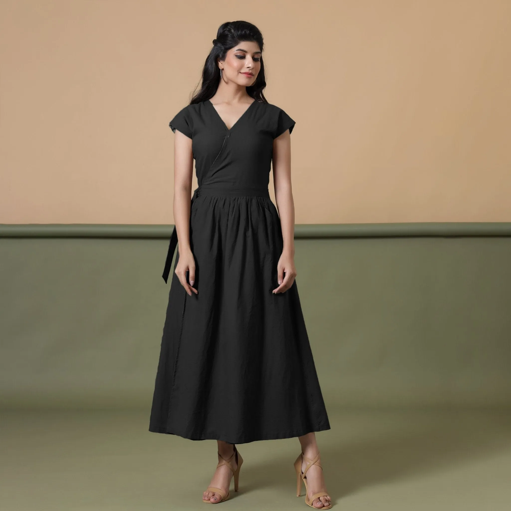 Black Cotton V-Neck Maxi Wrap Dress