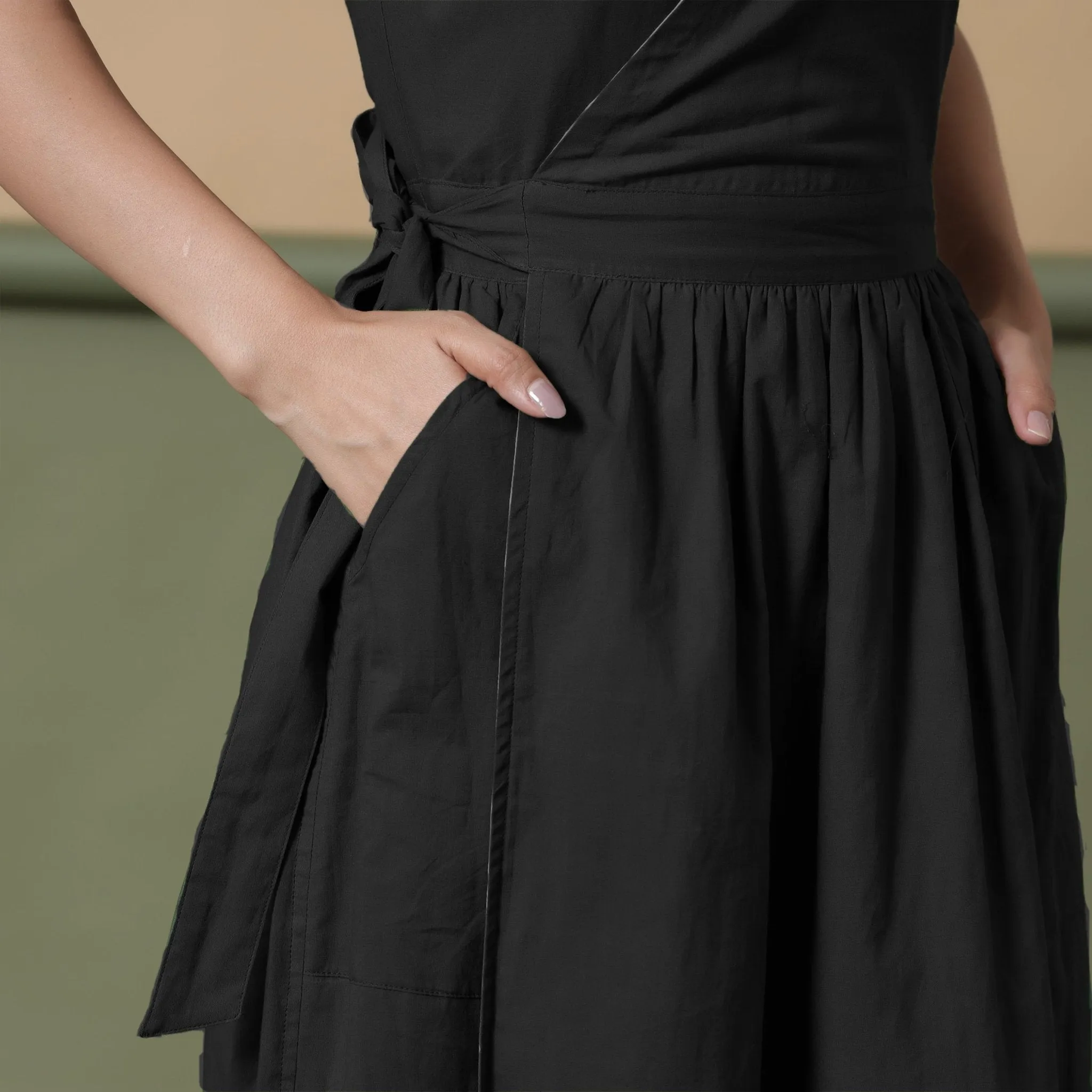 Black Cotton V-Neck Maxi Wrap Dress
