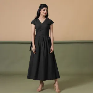 Black Cotton V-Neck Maxi Wrap Dress