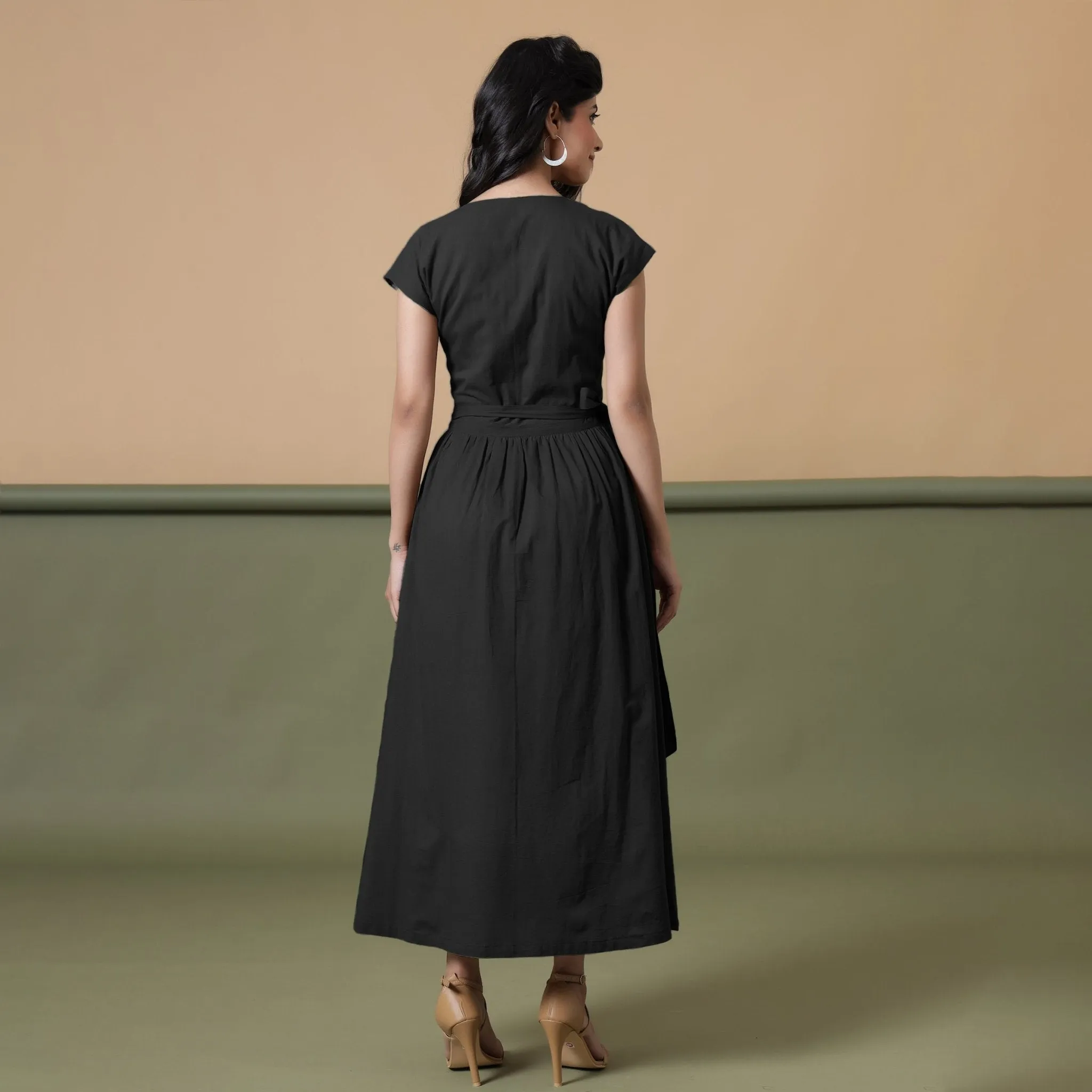 Black Cotton V-Neck Maxi Wrap Dress