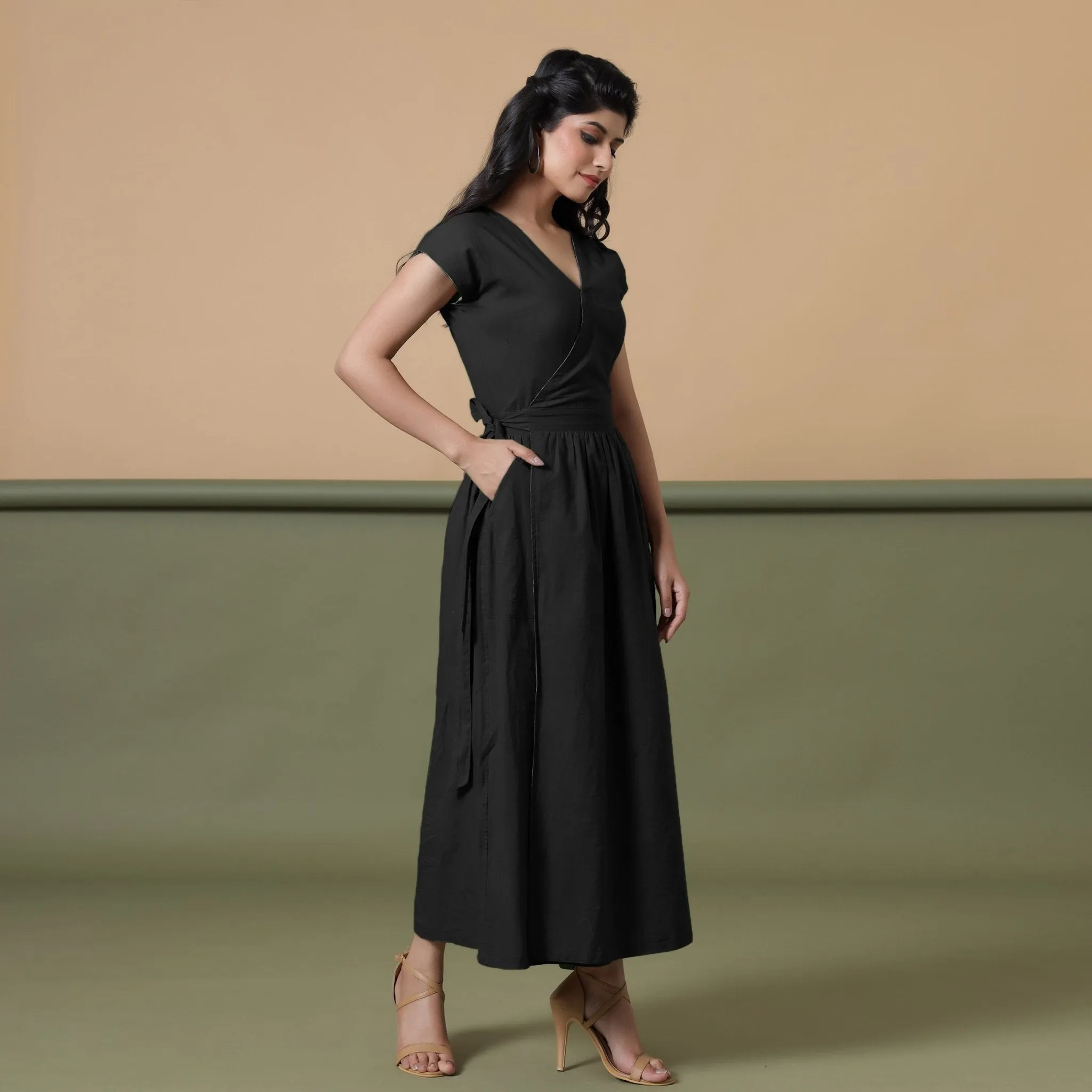 Black Cotton V-Neck Maxi Wrap Dress