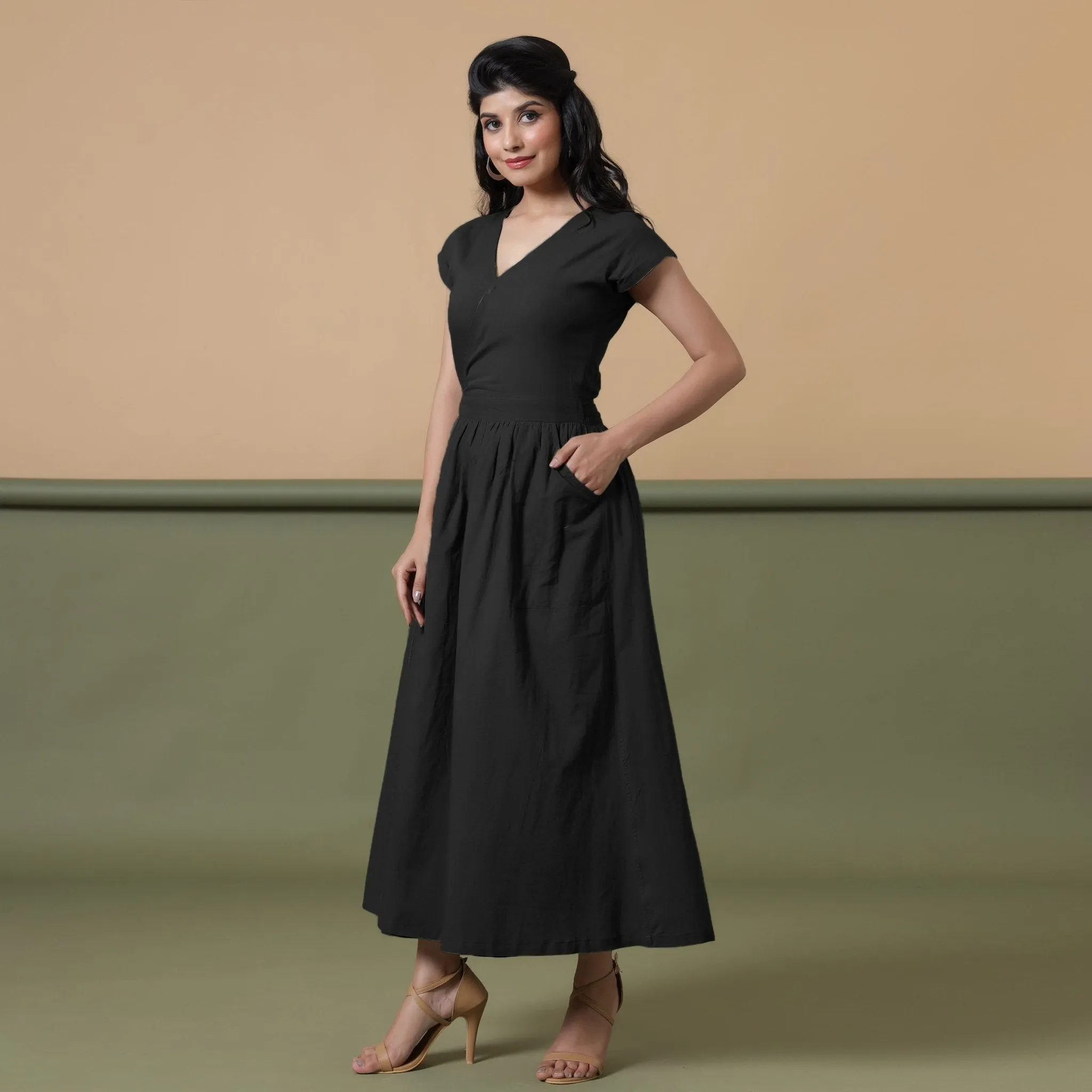 Black Cotton V-Neck Maxi Wrap Dress