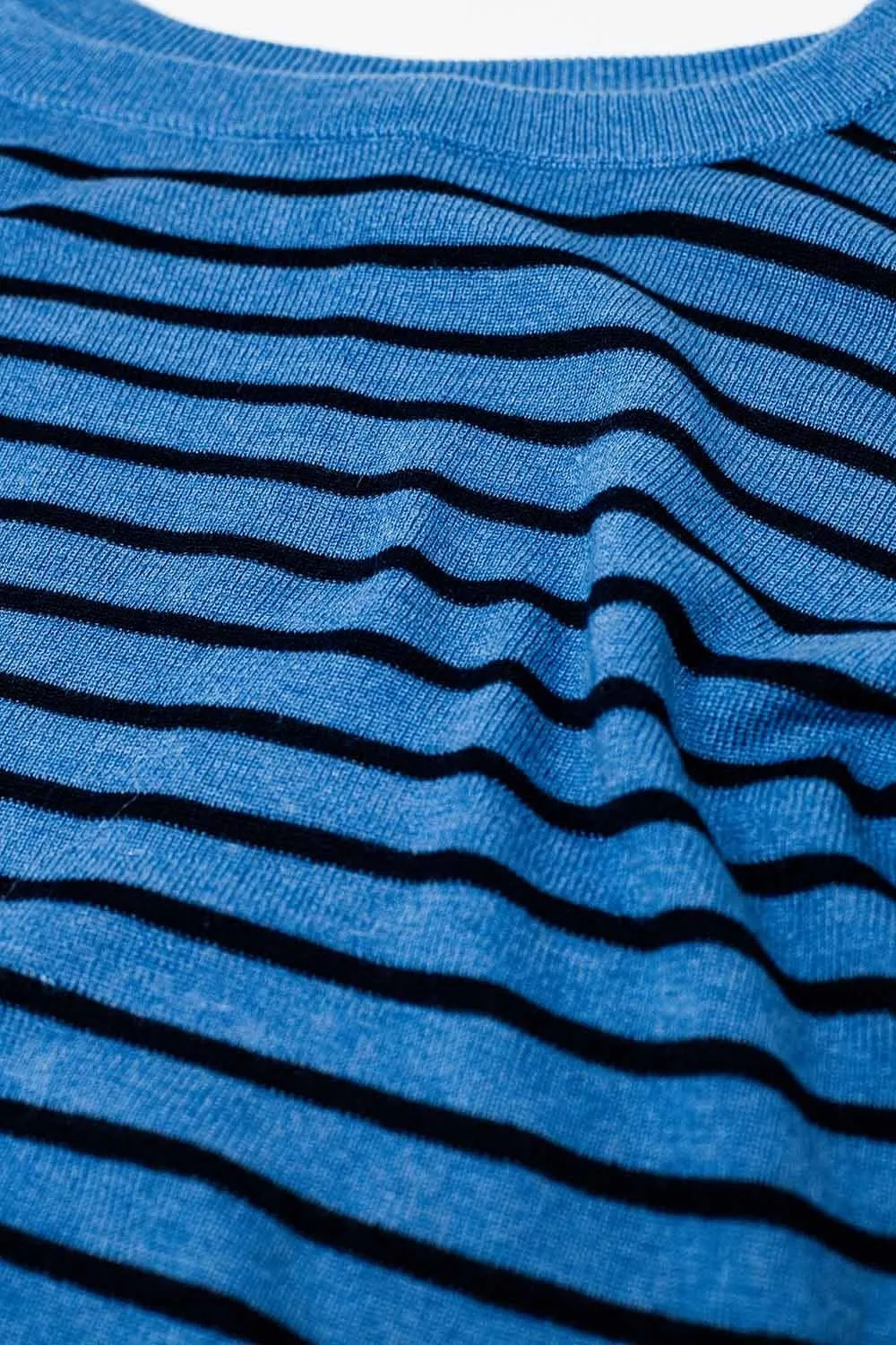 Blue Striped Fine Knit Sweater With Boat Neck