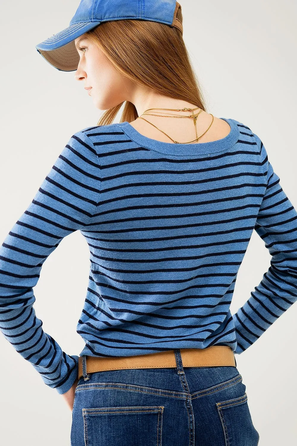 Blue Striped Fine Knit Sweater With Boat Neck