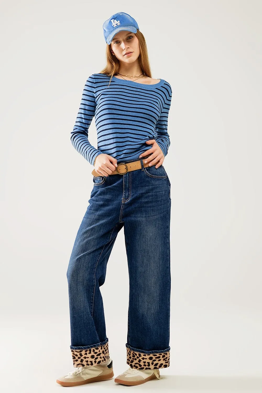 Blue Striped Fine Knit Sweater With Boat Neck