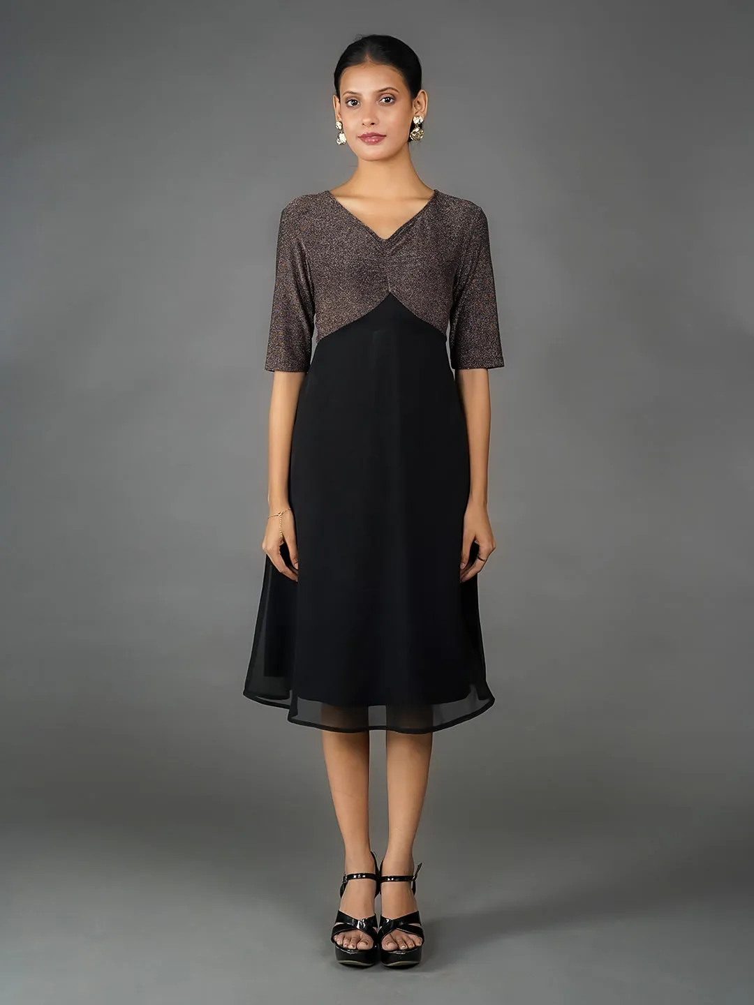 Bronze Solid Shimmer A Line Midi Dress