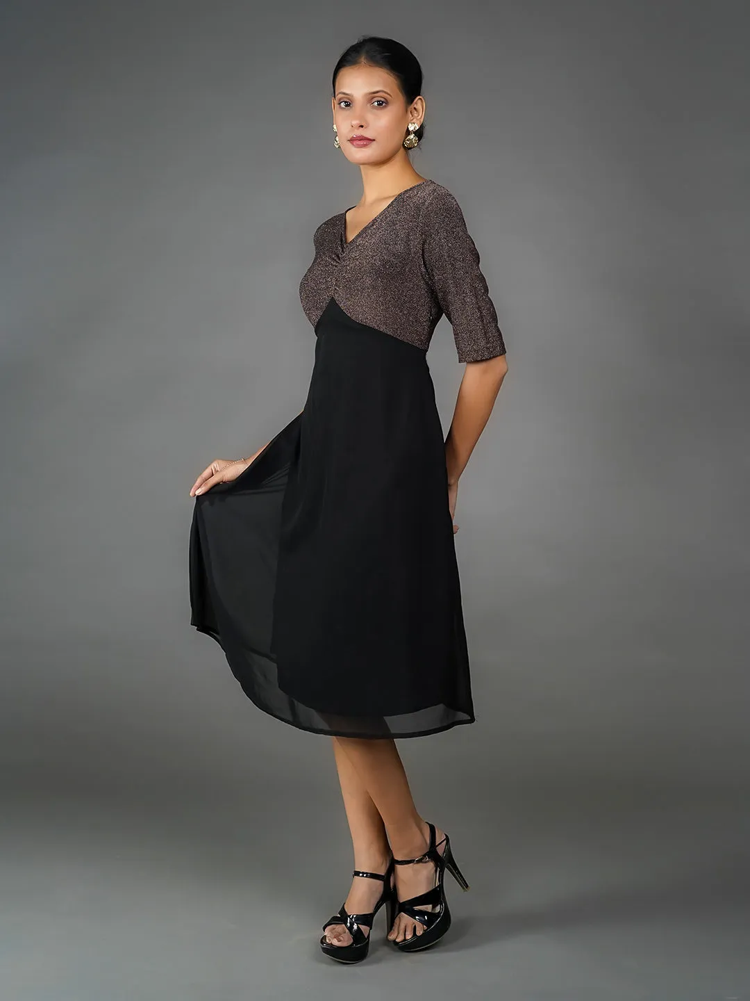 Bronze Solid Shimmer A Line Midi Dress