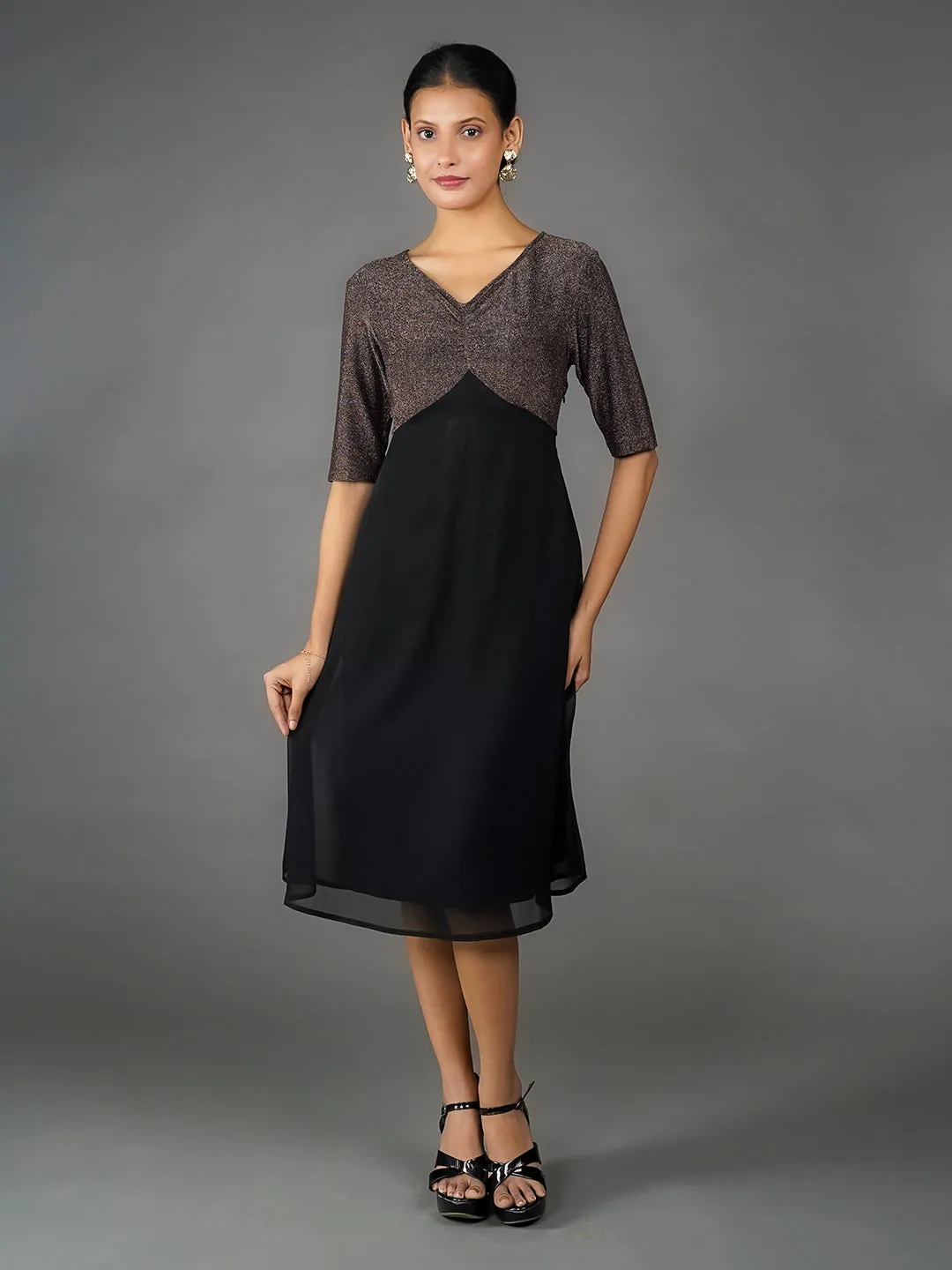 Bronze Solid Shimmer A Line Midi Dress