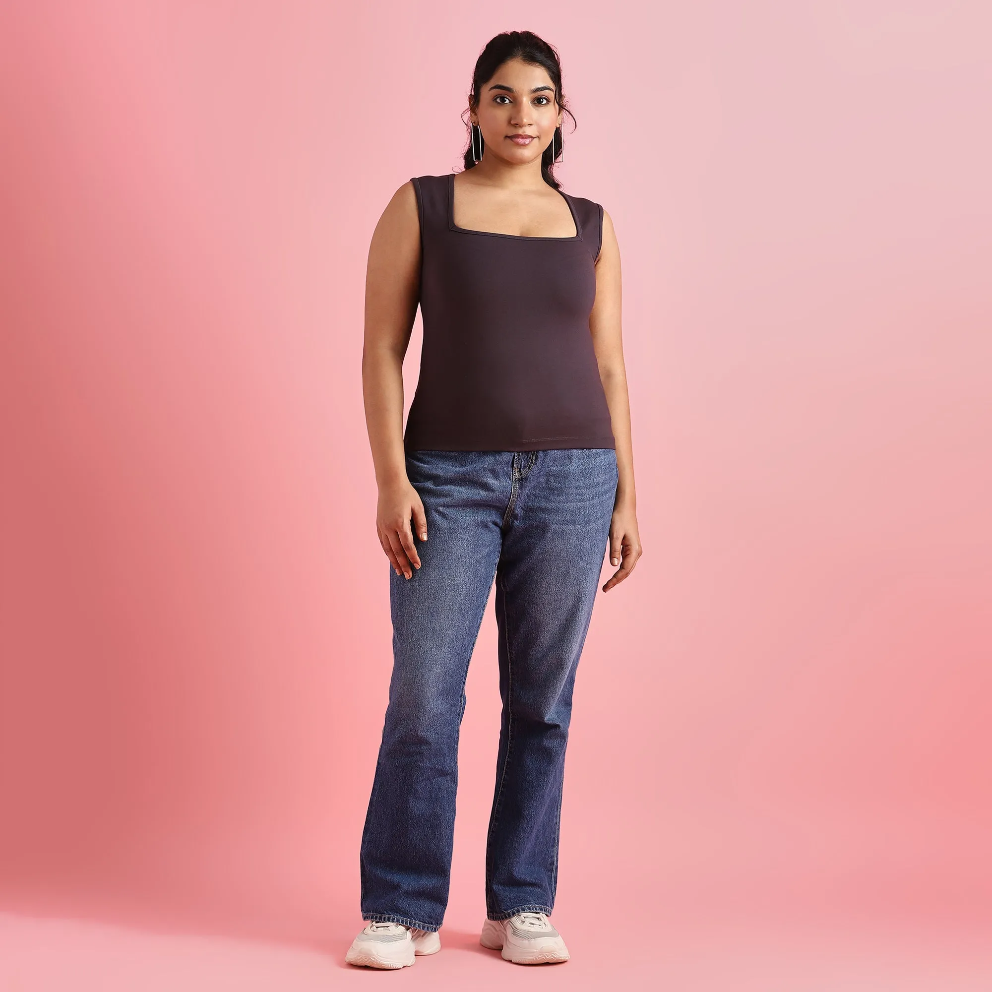 Charcoal Gray 4-Way Stretch Plus Size Square Neck Top