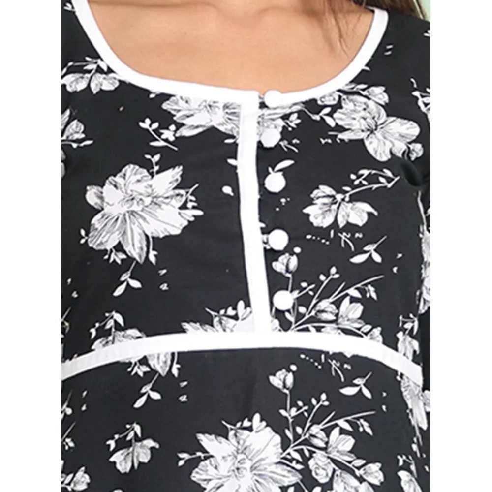 CHARUKRITI Black Cotton Floral Printed Fit & Flare Kurta