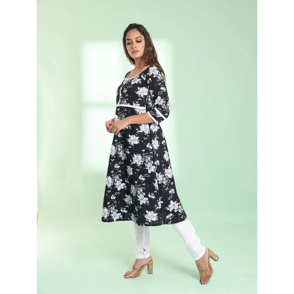 CHARUKRITI Black Cotton Floral Printed Fit & Flare Kurta