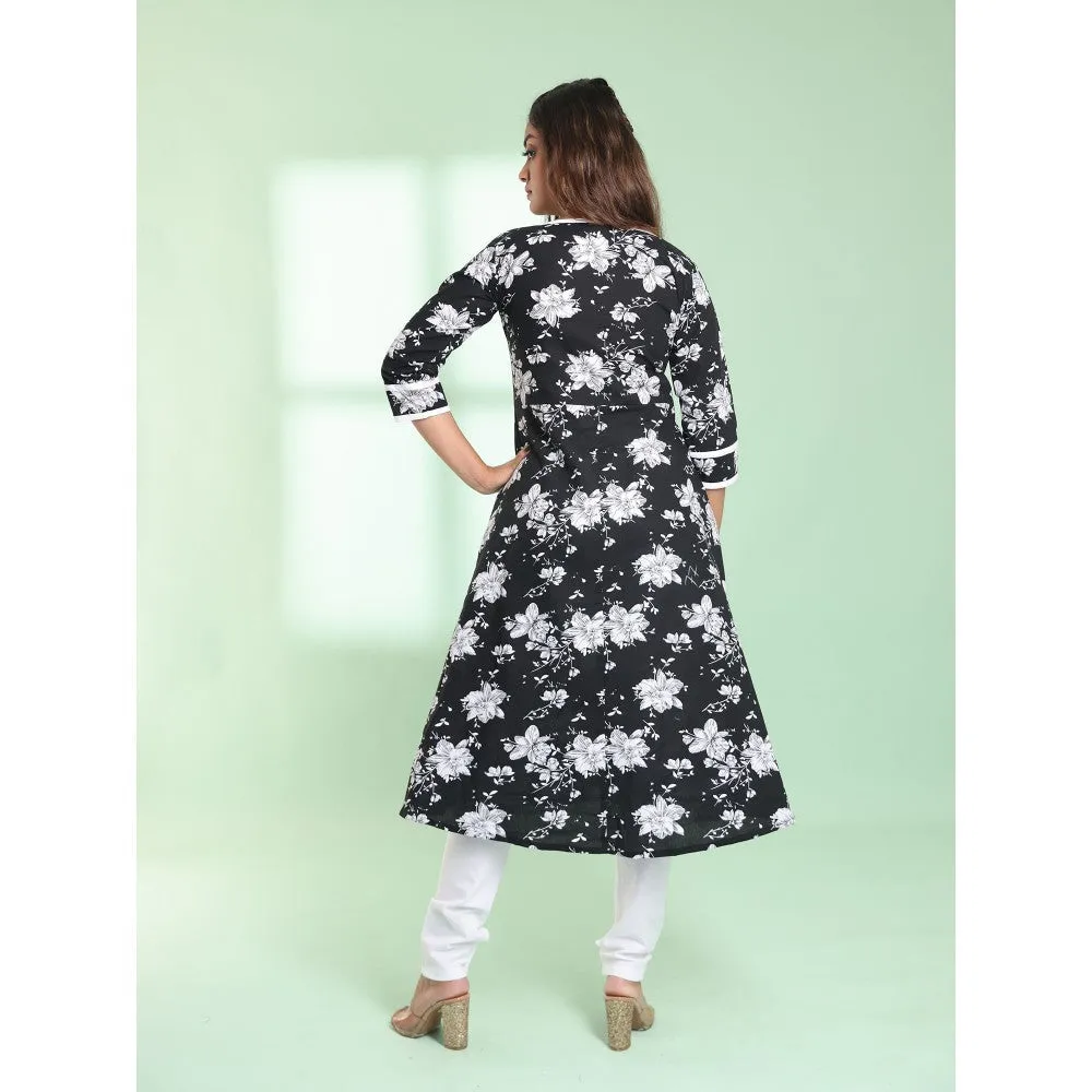 CHARUKRITI Black Cotton Floral Printed Fit & Flare Kurta