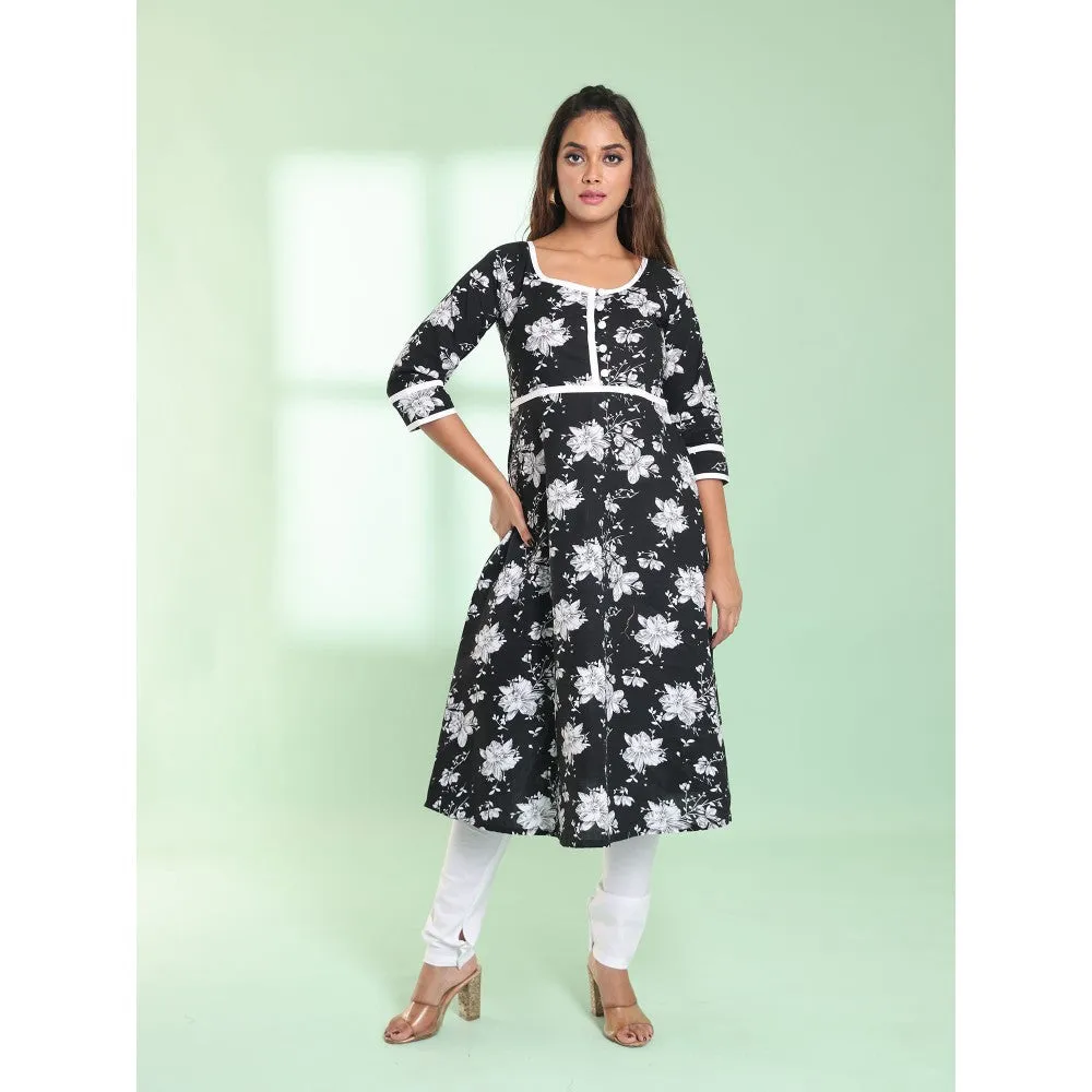 CHARUKRITI Black Cotton Floral Printed Fit & Flare Kurta