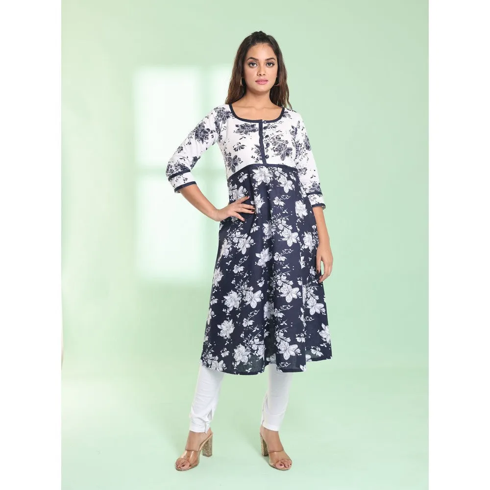 CHARUKRITI Navy Blue Cotton Floral Printed Fit & Flare Kurta
