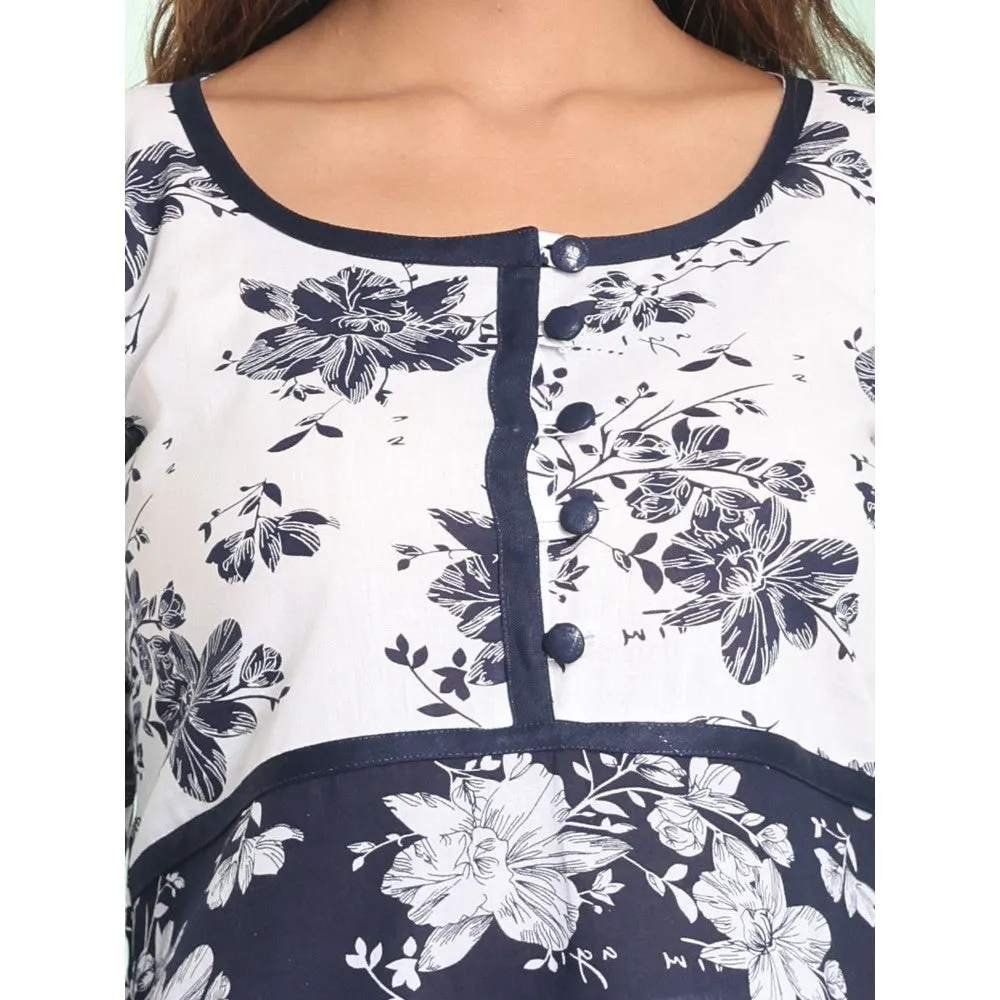 CHARUKRITI Navy Blue Cotton Floral Printed Fit & Flare Kurta