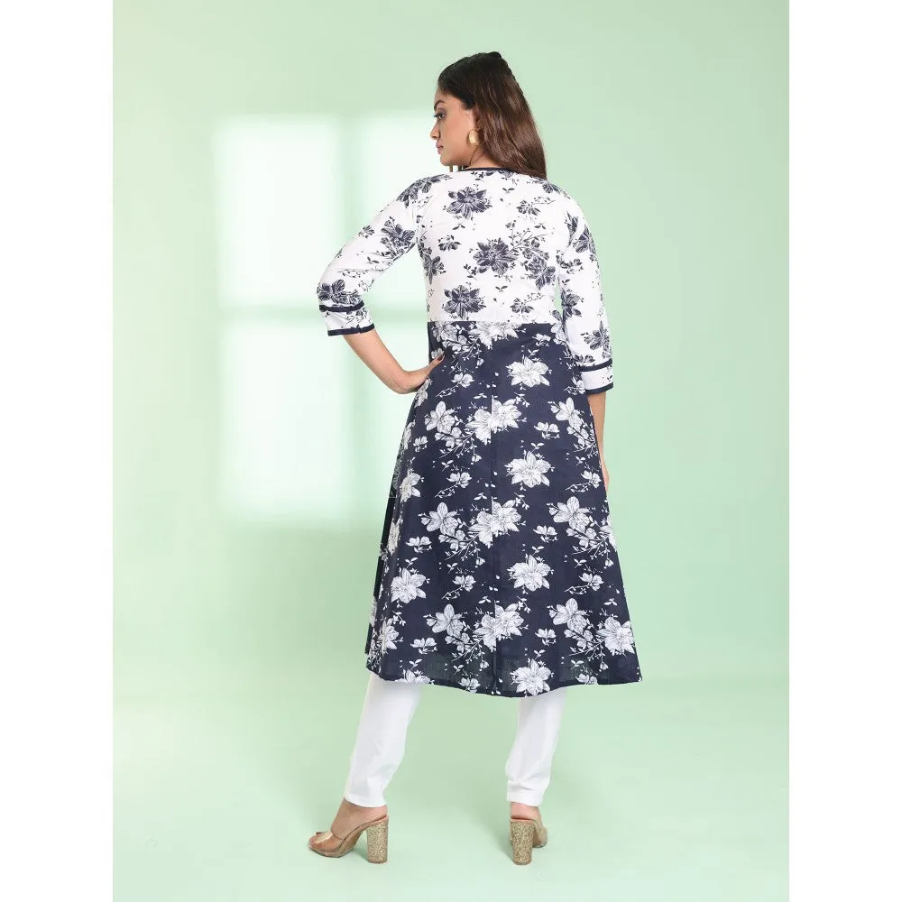 CHARUKRITI Navy Blue Cotton Floral Printed Fit & Flare Kurta