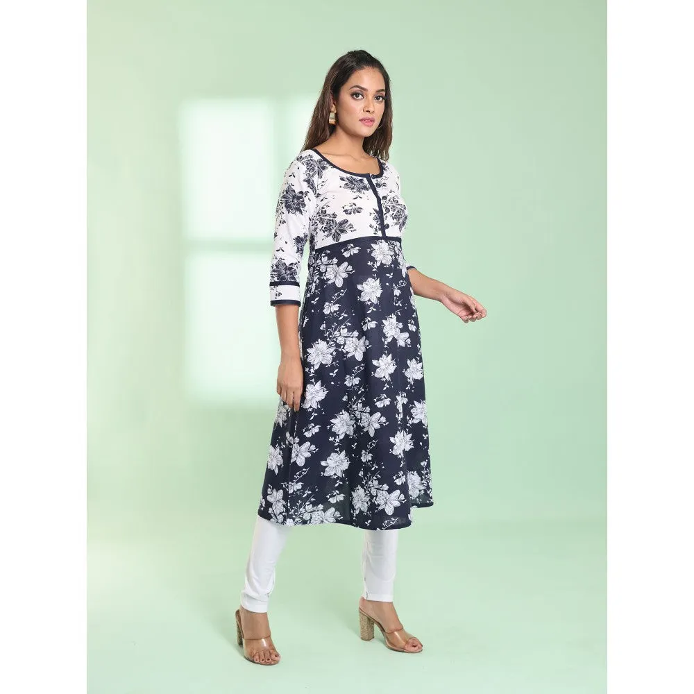 CHARUKRITI Navy Blue Cotton Floral Printed Fit & Flare Kurta