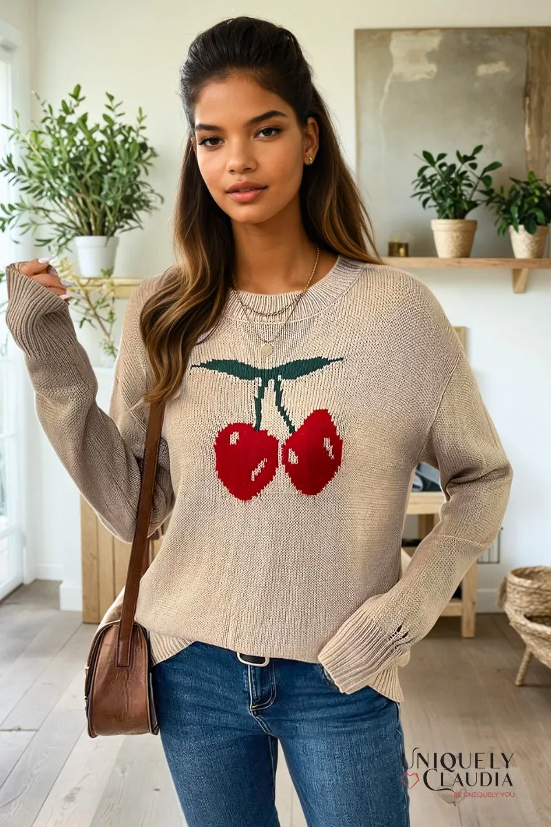 Cherries Crewneck Pullover Distressed Sweater