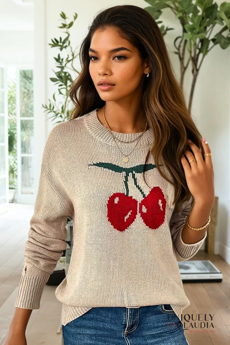 Cherries Crewneck Pullover Distressed Sweater
