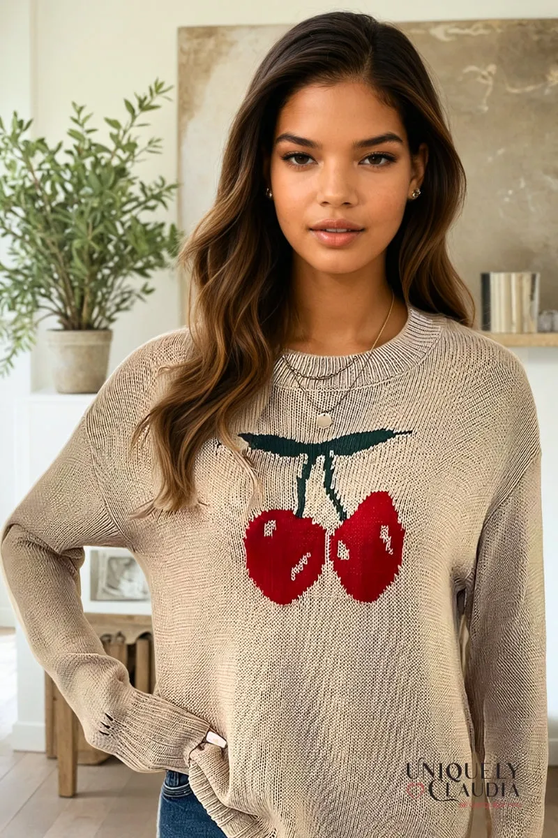 Cherries Crewneck Pullover Distressed Sweater