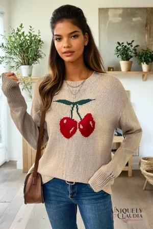 Cherries Crewneck Pullover Distressed Sweater