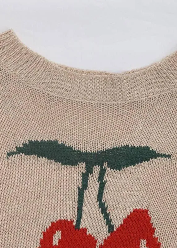Cherries Crewneck Pullover Distressed Sweater
