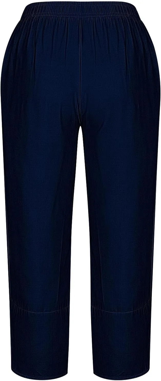 Cotton Linen Capris for Women Casual Summer Wide Leg Cropped Pants Loose Comfy Joggers Solid Capri Trousers with Pocket