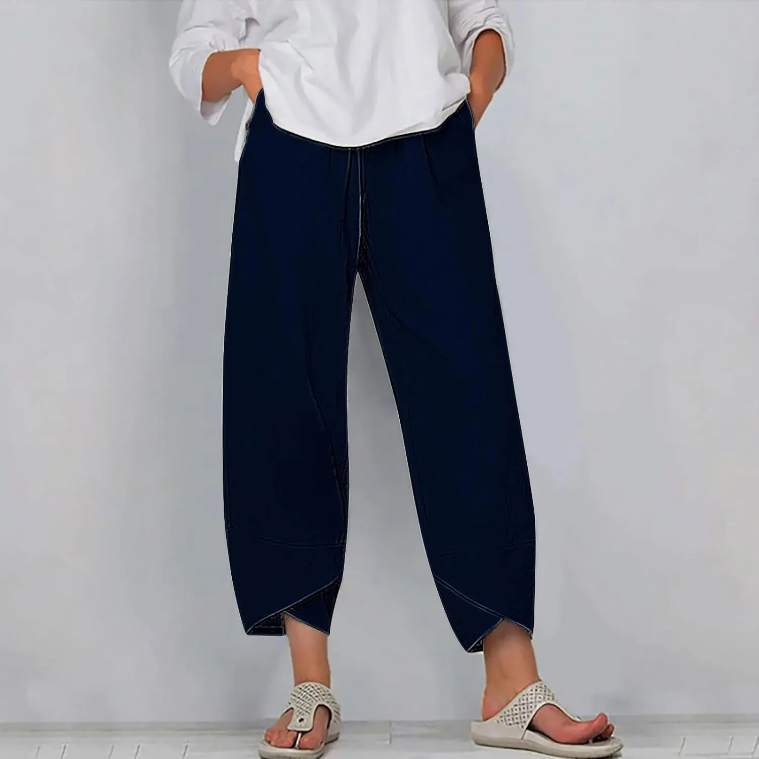 Cotton Linen Capris for Women Casual Summer Wide Leg Cropped Pants Loose Comfy Joggers Solid Capri Trousers with Pocket