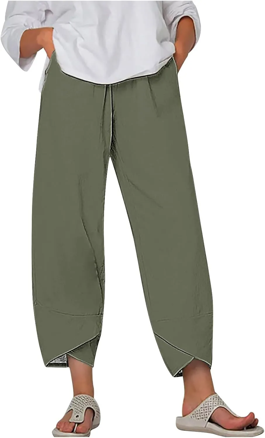 Cotton Linen Capris for Women Casual Summer Wide Leg Cropped Pants Loose Comfy Joggers Solid Capri Trousers with Pocket