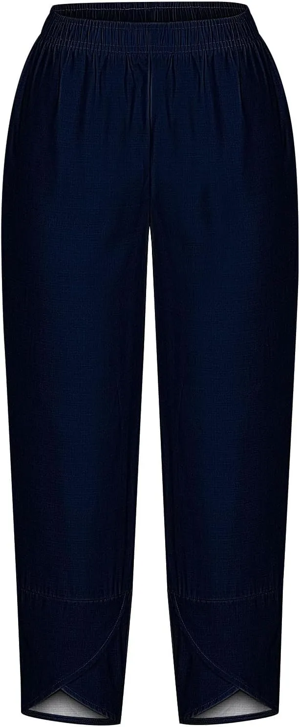 Cotton Linen Capris for Women Casual Summer Wide Leg Cropped Pants Loose Comfy Joggers Solid Capri Trousers with Pocket