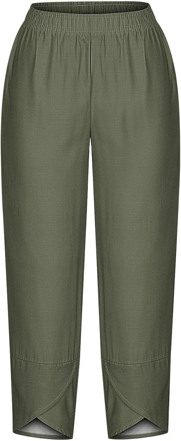 Cotton Linen Capris for Women Casual Summer Wide Leg Cropped Pants Loose Comfy Joggers Solid Capri Trousers with Pocket