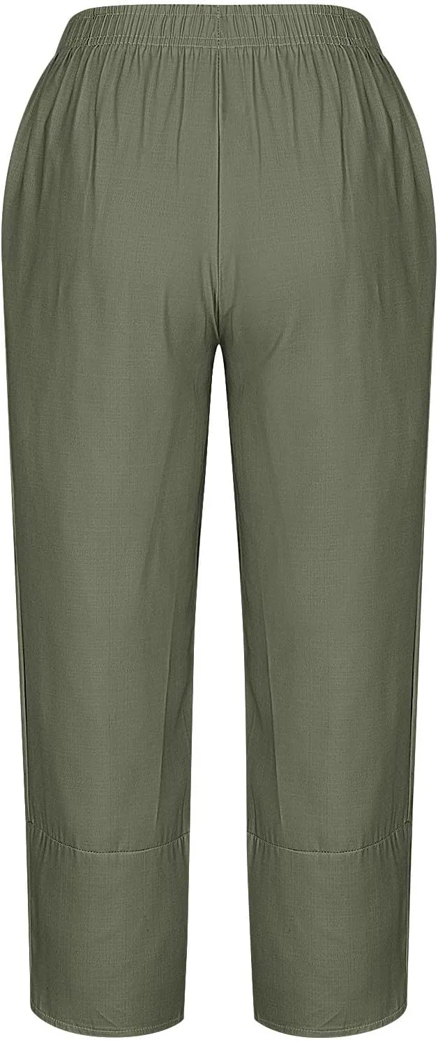 Cotton Linen Capris for Women Casual Summer Wide Leg Cropped Pants Loose Comfy Joggers Solid Capri Trousers with Pocket