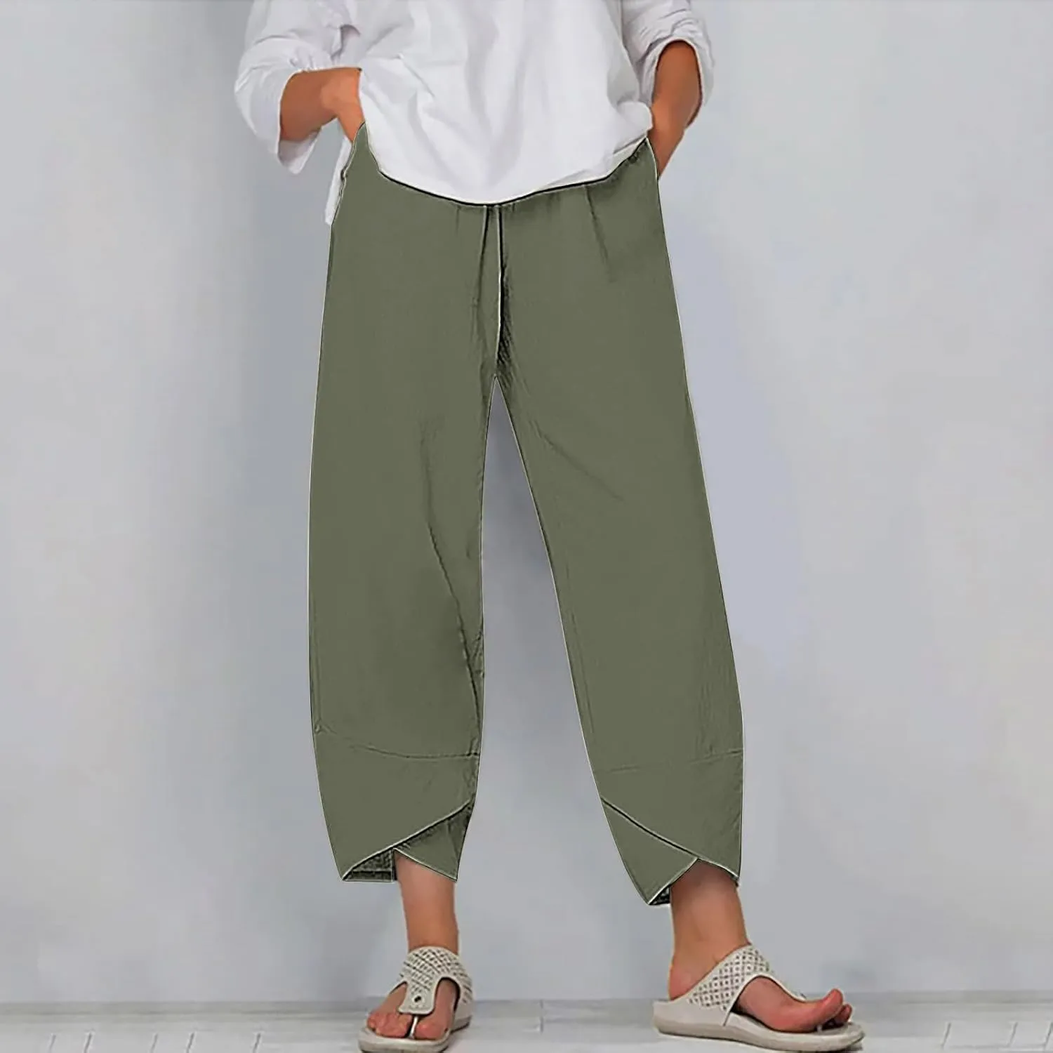 Cotton Linen Capris for Women Casual Summer Wide Leg Cropped Pants Loose Comfy Joggers Solid Capri Trousers with Pocket