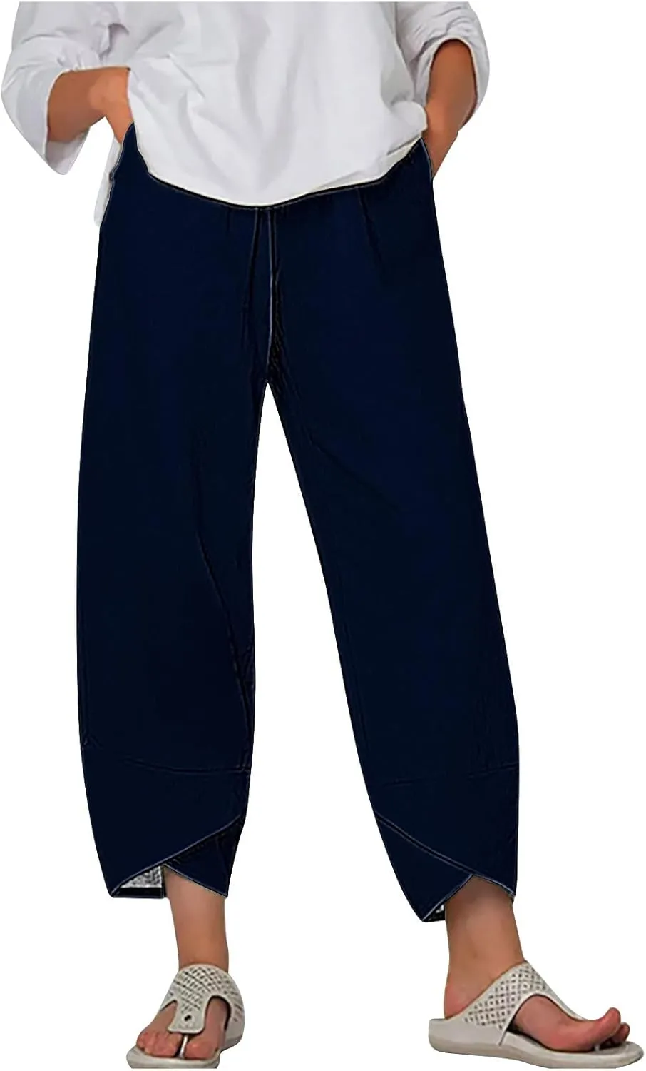 Cotton Linen Capris for Women Casual Summer Wide Leg Cropped Pants Loose Comfy Joggers Solid Capri Trousers with Pocket