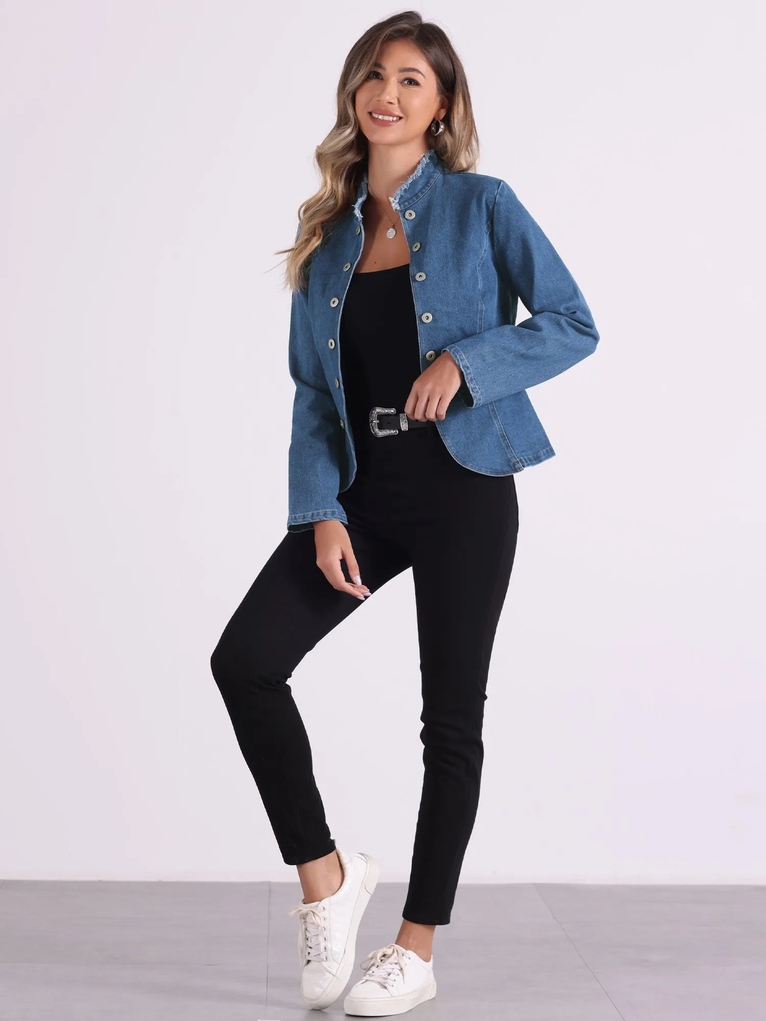 Denim Collarless Button Decor Open Front Jeans Jackets