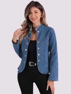 Denim Collarless Button Decor Open Front Jeans Jackets