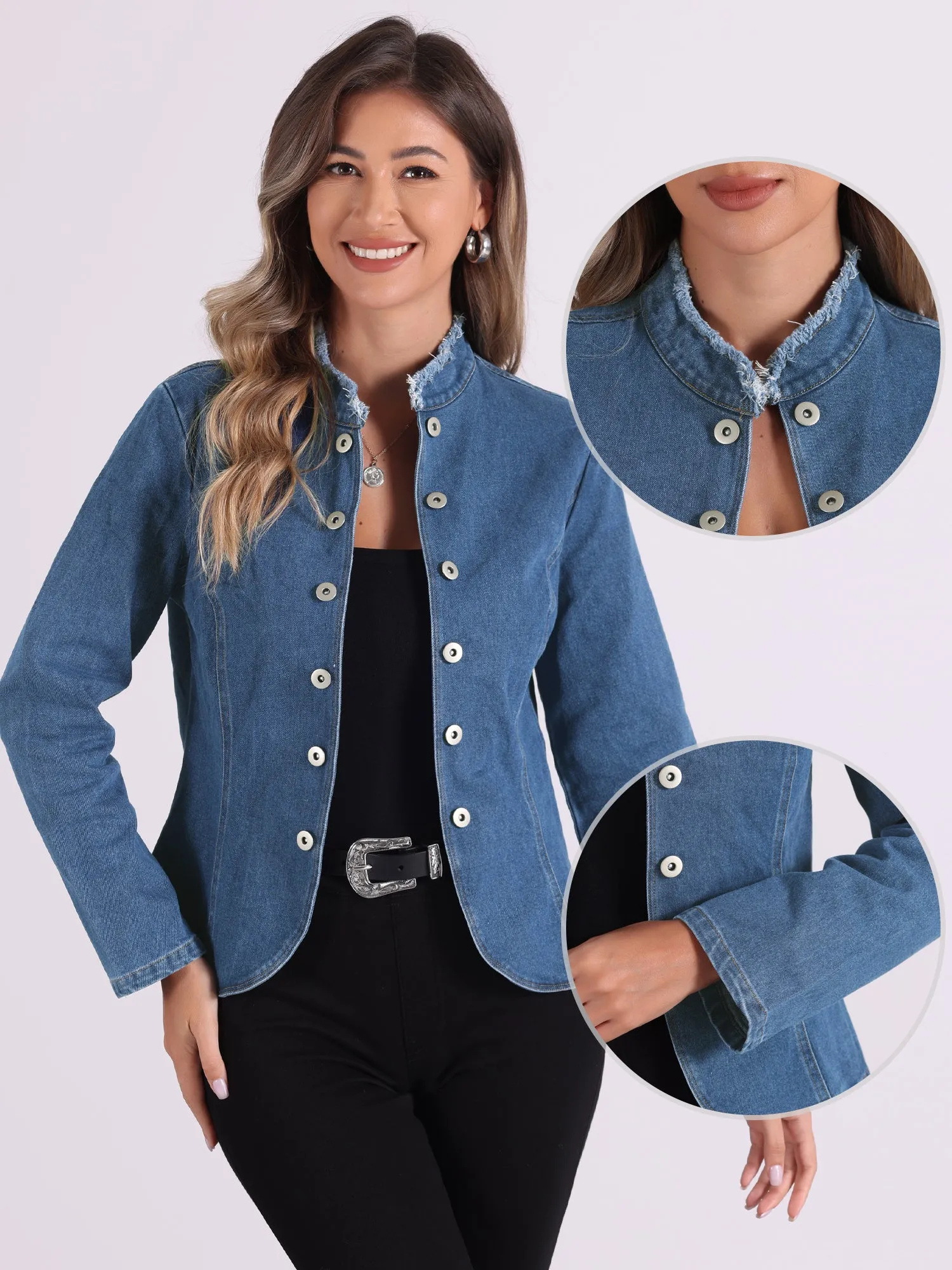 Denim Collarless Button Decor Open Front Jeans Jackets