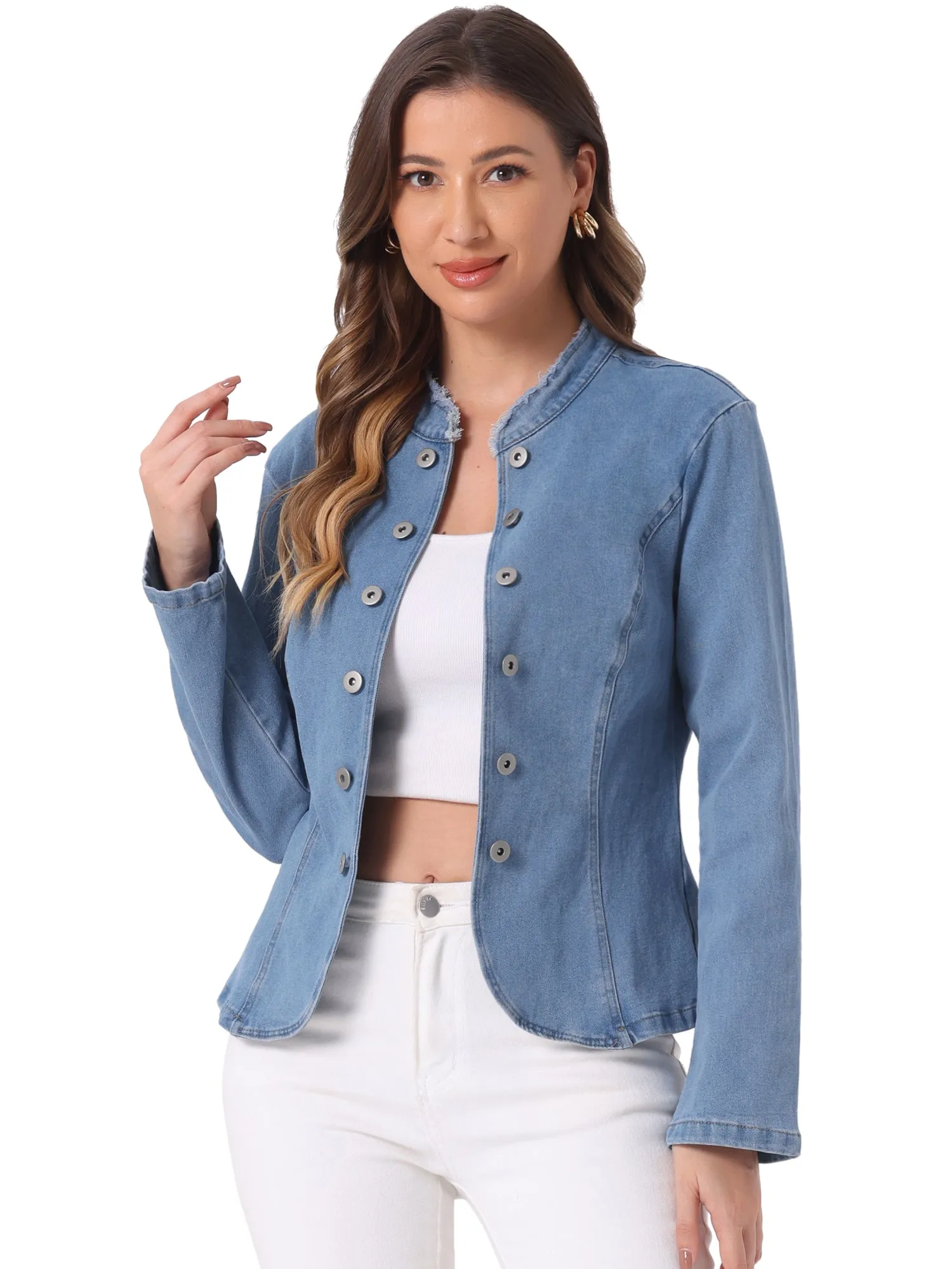 Denim Collarless Button Decor Open Front Jeans Jackets