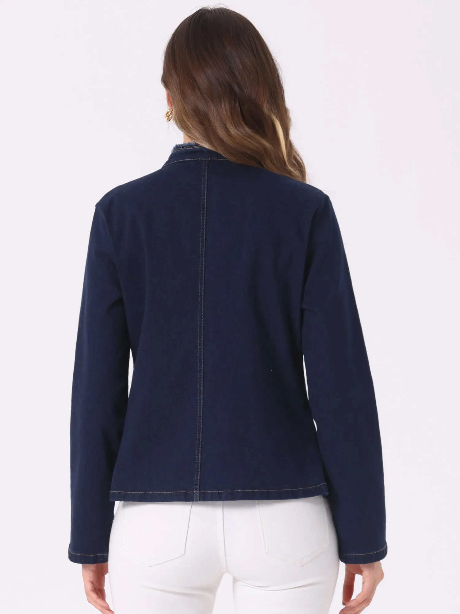 Denim Collarless Button Decor Open Front Jeans Jackets