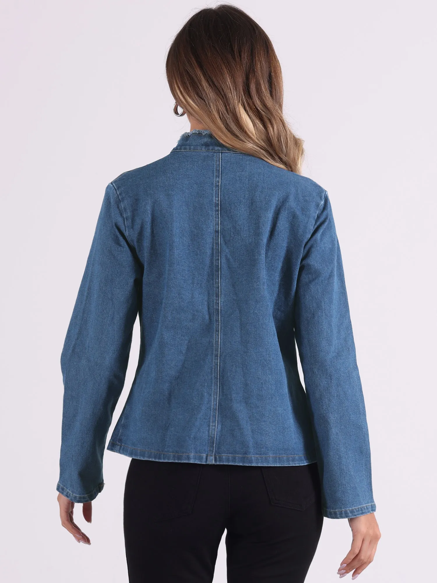 Denim Collarless Button Decor Open Front Jeans Jackets