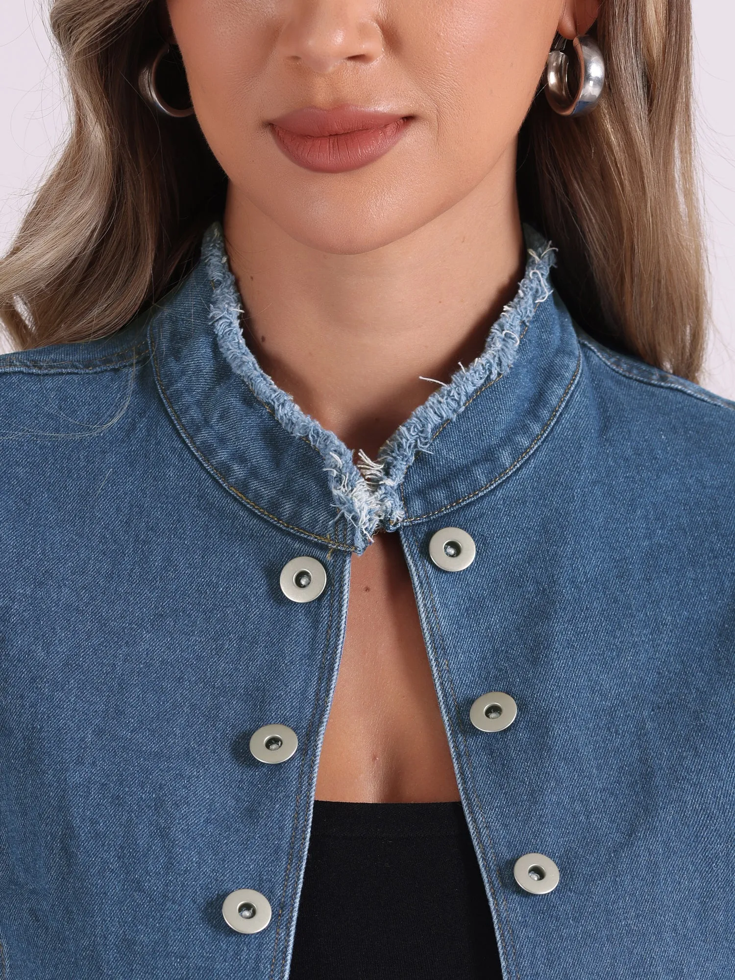 Denim Collarless Button Decor Open Front Jeans Jackets