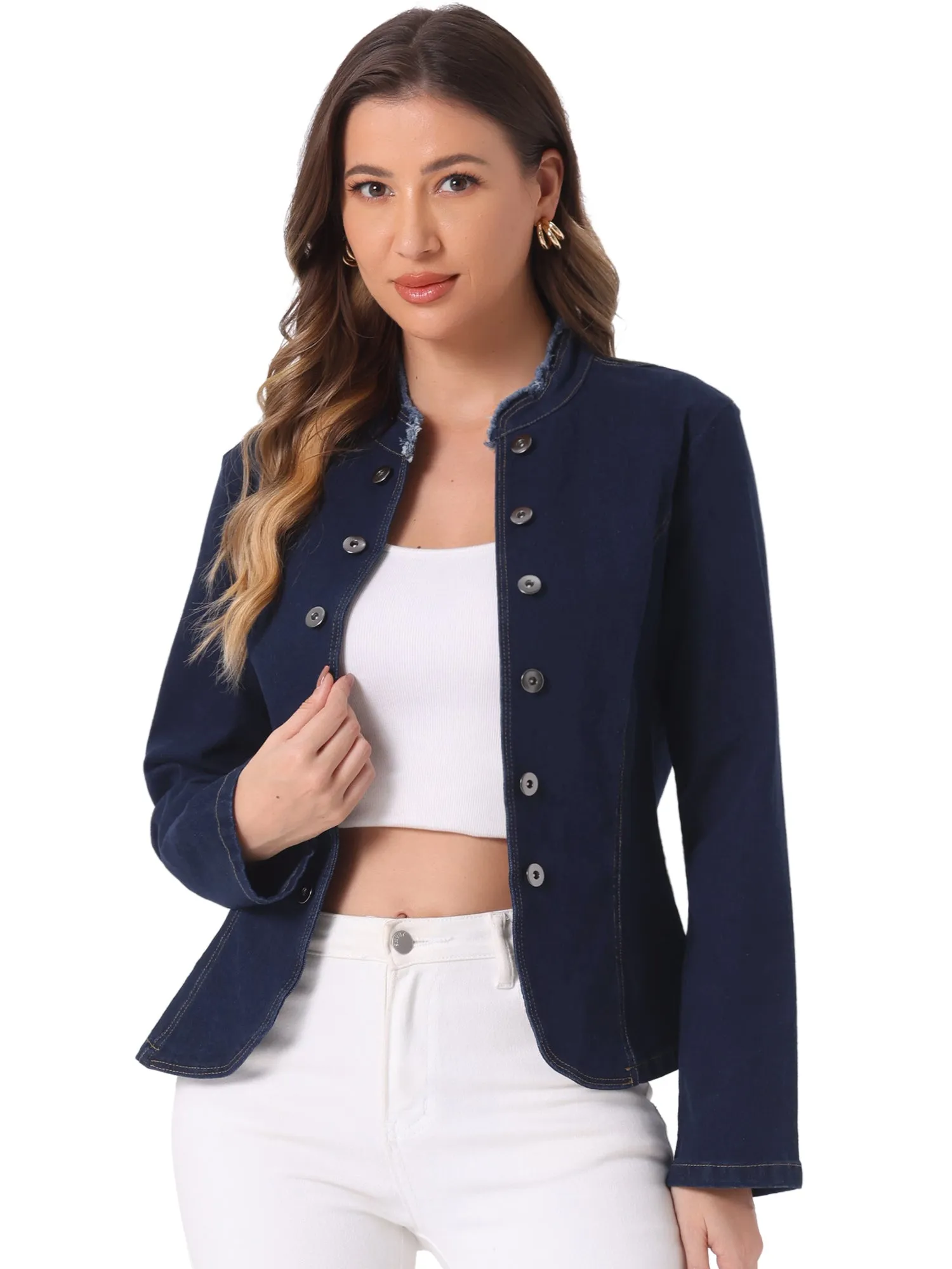 Denim Collarless Button Decor Open Front Jeans Jackets