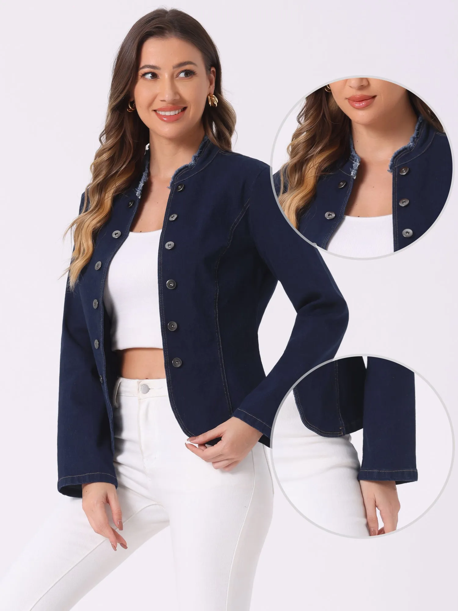 Denim Collarless Button Decor Open Front Jeans Jackets