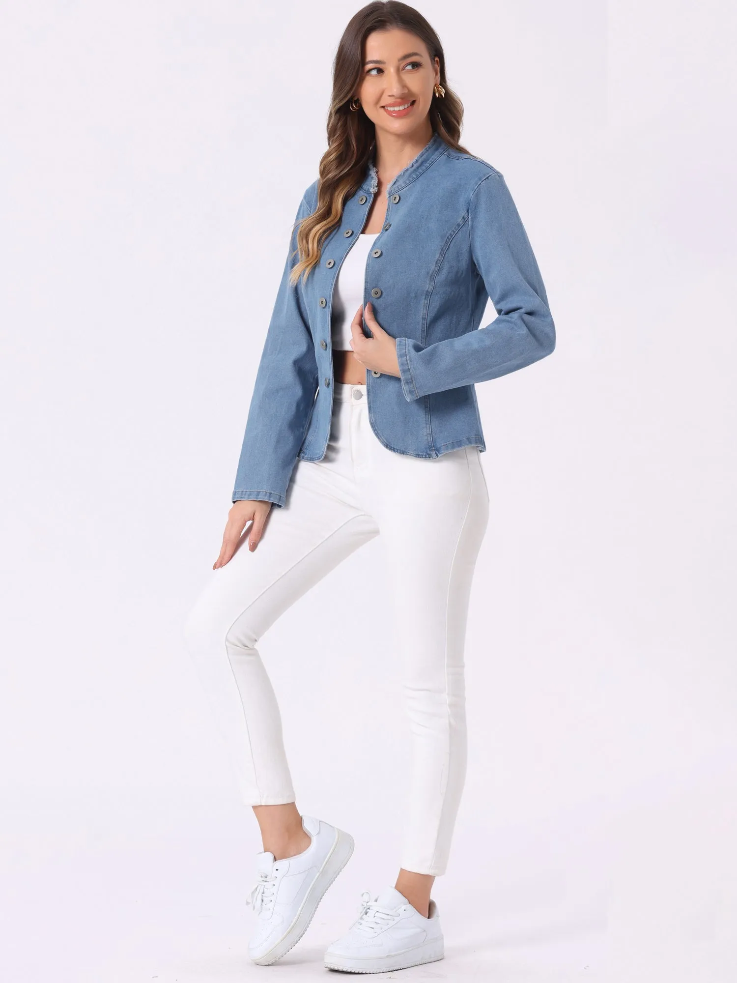 Denim Collarless Button Decor Open Front Jeans Jackets