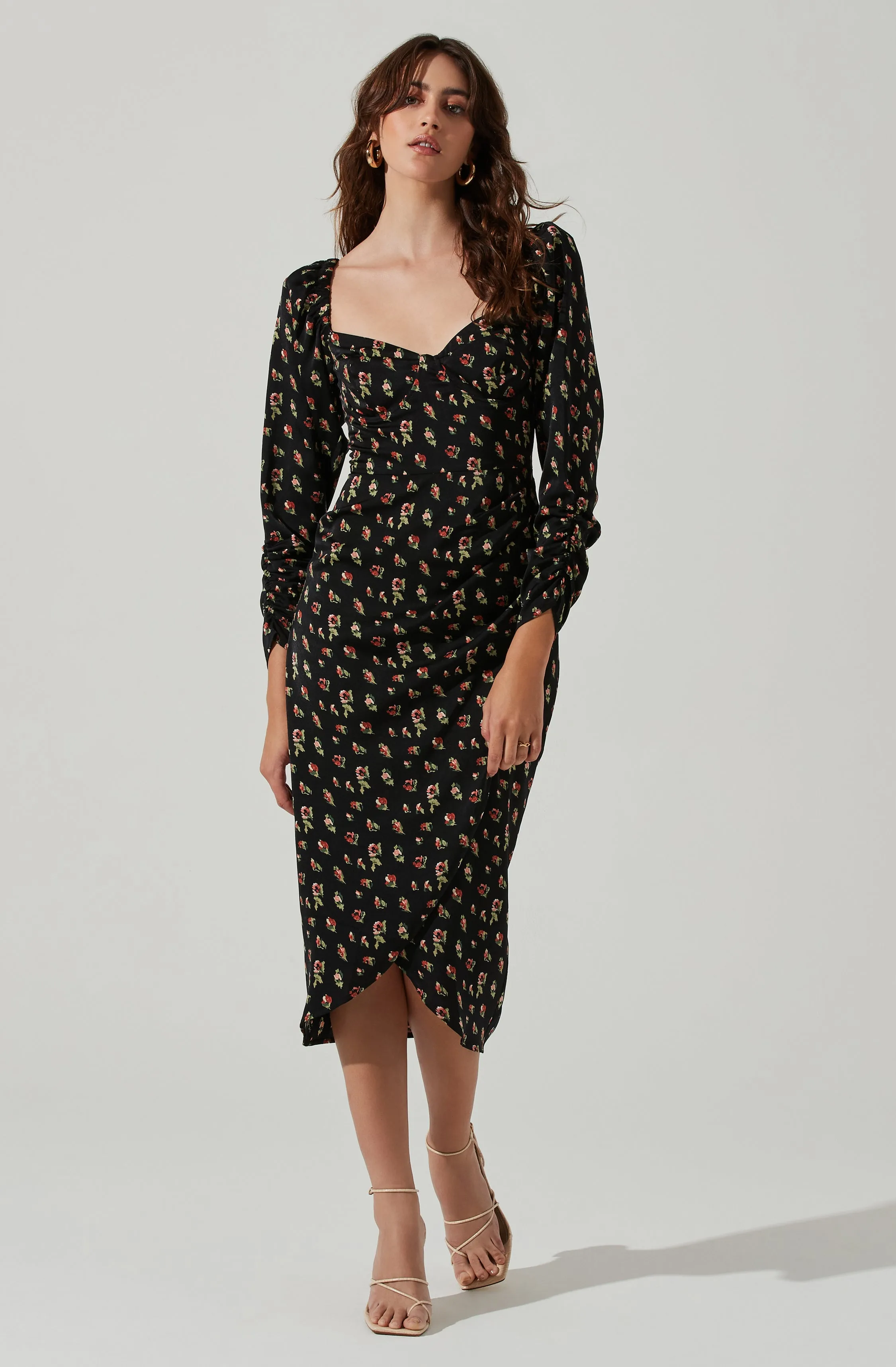 Floral Long Sleeve Milkmaid Satin Midi Dress