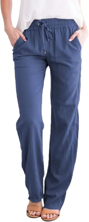 GIERIDUC Womens Casual Cotton Linen Pants Lightweight Summer Loose Fit Palazzo Elastic Waist Plus Size Solid Lounge Trousers